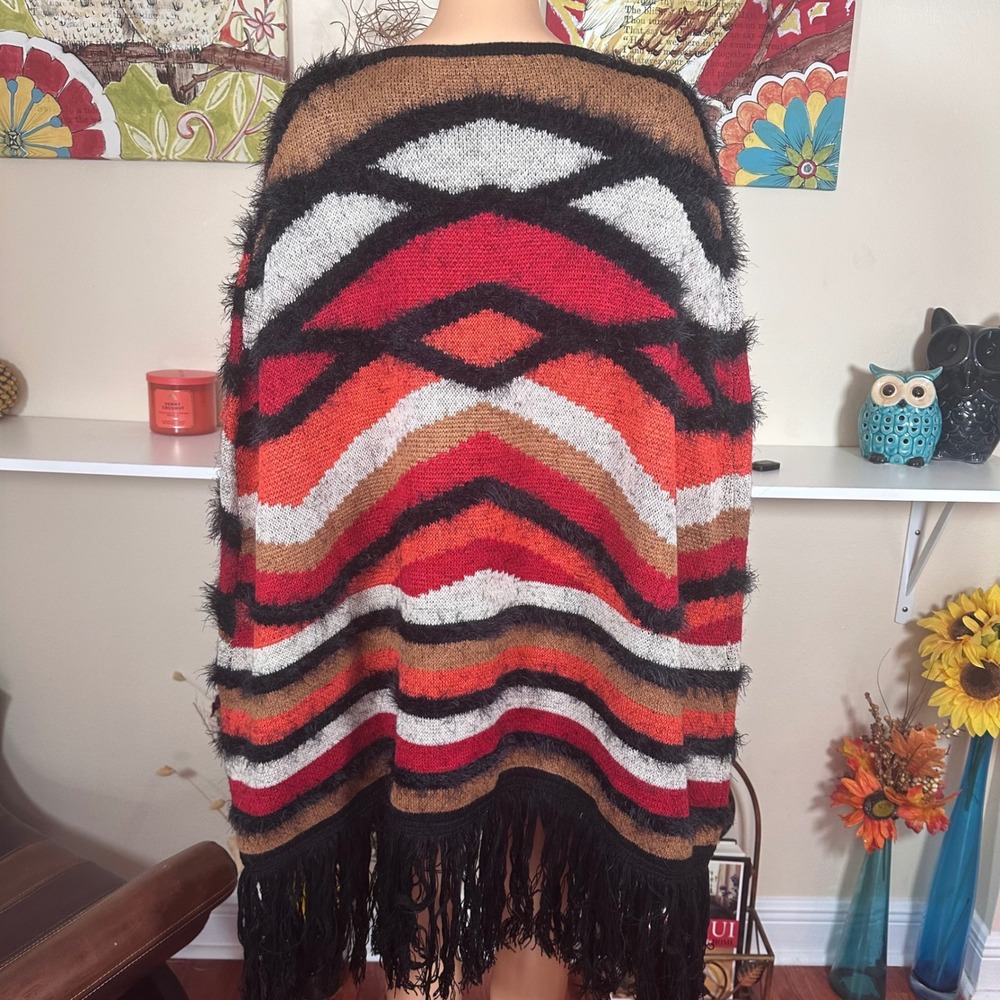 Boho Western Fringe Fuzzy Cardigan Cape by Vertigo